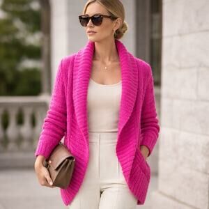 St. John Pink Cableknit Circle Cocoon Cardigan Size Small